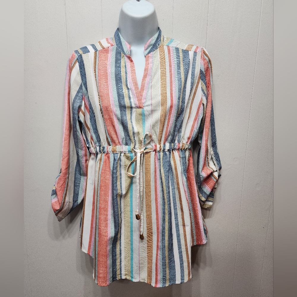 Hint of Blush Blouse Small Striped Vneck Multicolor 3/4 Roll Tab Sleeve B448